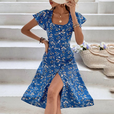 Vestido Maxi Floral de Verano para Mujer con Botones y Abertura – Estilo Bohemio Largo y Fluyente para Playa o Fiesta